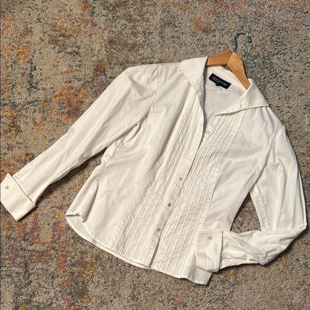 Jones New York White Blouse with Tuxedo Front and French Cuffs